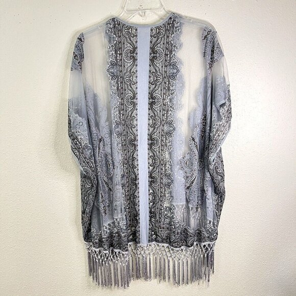 HEM & THREAD Sheer Paisley Duster Kimono Top Cover Burnout Fabric Fringe Blue - Picture 3 of 10